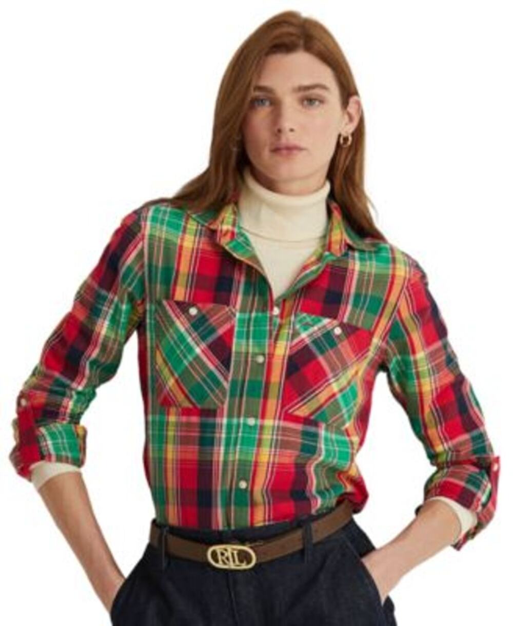 Lauren Ralph Lauren Ladies Red & Green Cotton Twill Plaid Button Up Shirt, Large